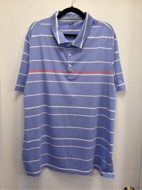 PUMA Performance Polo Shirt Mens XXL 2XL Blue Striped Stretch Golf Short Sleeve